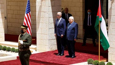 Palestinian President Mahmoud Abbas welcomes US President Joe Biden in Bethlehem in the Israeli-occupied West Bank, on July 15, 2022. (Reuters)