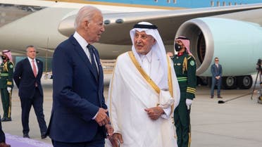 Mecca’s Governor Prince Khalid bin Faisal Al Saud receives US President Joe Biden upon his arrival in King Abdulaziz International Airport. (SPA)