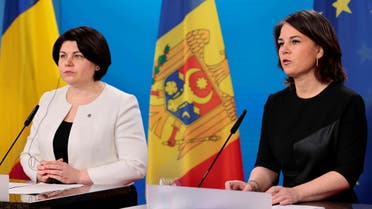 Moldovan Prime Minister Natalia Gavrilita and German Foreign Minister Annalena Baerbock attend a news conference after the donor conference for Moldova to assist the country with the influx of Ukrainian refugees, in Berlin, Germany, April 5, 2022. (Reuters)