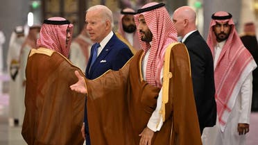 US President Joe Biden and Saudi Arabia’s Crown Prince Mohammed bin Salman arrive for the family photo during the “GCC+3” (Gulf Cooperation Council) meeting at a hotel in Jeddah, Saudi Arabia, on July 16, 2022. (Reuters)