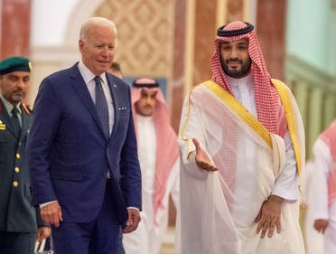 Saudi Crown Prince Mohammed bin Salman receives US President Joe Biden at Al Salman Palace upon his arrival in Jeddah, Saudi Arabia, July 15, 2022. (Reuters)