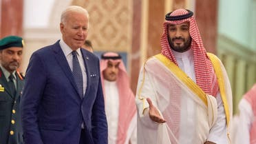 Saudi Crown Prince Mohammed bin Salman receives US President Joe Biden at Al Salman Palace upon his arrival in Jeddah, Saudi Arabia, July 15, 2022. (Reuters)