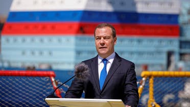 Dmitry Medvedev, Deputy Chairman of Russia's Security Council, delivers a speech during a ceremony marking Shipbuilder's Day in Saint Petersburg, Russia June 29, 2022. (Reuters)