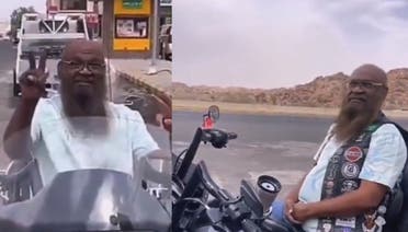 Screengrabs from a video of former Grand Mosque Imam Sheikh Adel al-Kalbani riding a Harley motorcycle, dressed in modern clothing.