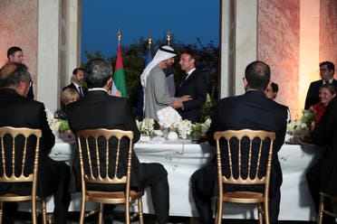 French President Emmanuel Macron and United Arab Emirates' President Sheikh Mohamed Bin Zayed attend a state dinner, at the Grand Trianon in Versailles, in Paris, France July 18, 2022. (Reuters)