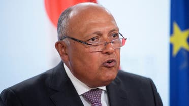 Egyptian Foreign Minister Sameh Shoukry attends a news conference during the Petersberg Climate Dialogue at the Foreign Office in Berlin, Germany, on July 19, 2022. (Reuters)