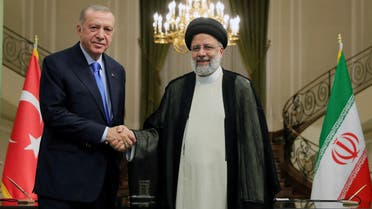 Turkish President Tayyip Erdogan shakes hands with his Iranian counterpart Ebrahim Raisi during a news conference in Tehran, Iran July 19, 2022. Turkish Presidential Press Office/Handout via REUTERS ATTENTION EDITORS - THIS PICTURE WAS PROVIDED BY A THIRD PARTY. NO RESALES. NO ARCHIVES