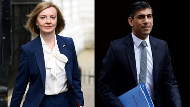 This combination of pictures created on July 12, 2022 shows Britain's Foreign Secretary Liz Truss (L) arriving to attend the weekly Cabinet meeting at 10 Downing Street, in London, on April 19, 2022 and Britain's Chancellor of the Exchequer Rishi Sunak leaving the 11 Downing Street, in London, on March 23, 2022. (AFP)