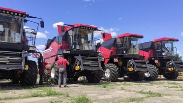 A view shows harvesters made by Russia-Belarusian joint venture Bryanskselmash before their announced dispatch toward the Ukrainian region of Zaporizhzhia amid the Ukraine-Russia conflict, in the village of Lobanove, Crimea, on July 21, 2022. (Reuters)