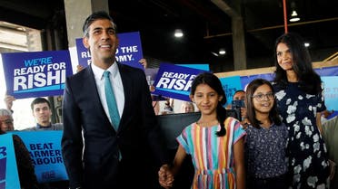 Conservative leadership candidate Rishi Sunak, his wife Akshata Murthy and his daughters Anoushka and Krishna attend a Conservative Party leadership campaign event in Grantham, Britain, on July 23, 2022. (Reuters)