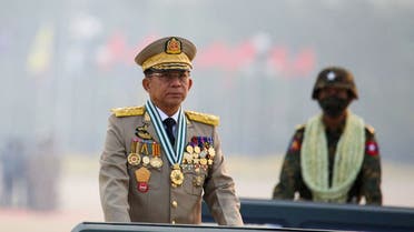 Myanmar's junta chief Senior General Min Aung Hlaing, who ousted the elected government in a coup on February 1, 2021, presides over an army parade on Armed Forces Day in Naypyitaw, Myanmar, March 27, 2021. (Reuters)