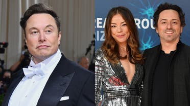 File photos of Elon Musk (left) and Nicole Shanahan and Sergey Brin (right). (AFP)