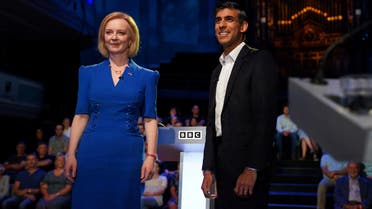Candidates Rishi Sunak and Liz Truss stand before taking part in the BBC Conservative party leadership debate at Victoria Hall in Hanley, Stoke-on-Trent, Britain, July 25, 2022. (Reuters)