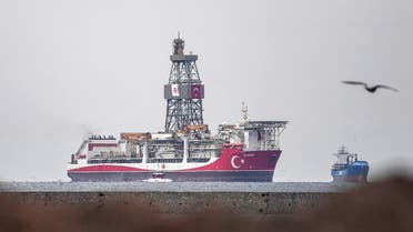 This picture taken on October 19,2020 in Istanbul shows Turkey's third drilling ship 'Kanuni' as it enters the bosphorus near Haydarpasa port. (AFP)