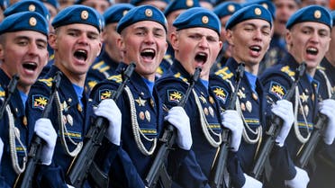 Russian servicemen march on Red Square during the Victory Day military parade in central Moscow on May 9, 2022. (AFP)