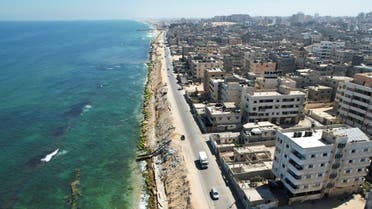 A general view of Beach refugee camp showing the erosion of the shore and new vertical wave breakers placed inside the sea in Gaza City July 26, 2022. (Reuters)