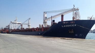 A view shows the ship "Laodicea" docked at port of Tripoli in northern Lebanon, July 29, 2022. (Reuters)