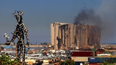 Smoke rising from Beirut's grain silos that were severely damaged in 2020 by an enormous explosion July 29, 2022. (AFP)