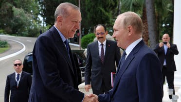 Vlagyimir Putyin orosz elnök üdvözölte Tayyip Erdogan török ​​elnököt Szocsiban, 2022. augusztus 5-én. (Reuters)