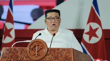 This picture taken on July 27, 2022 and released by North Korea's official Korean Central News Agency (KCNA) on July 28 shows North Korean leader Kim Jong Un delivering a speech at the 69th anniversary of the victory in the Korean War in Pyongyang. (AFP)