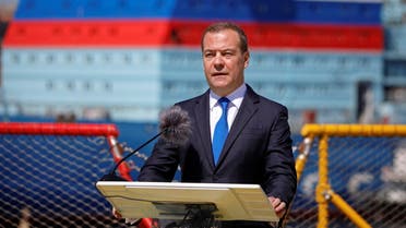 Dmitry Medvedev, Deputy Chairman of Russia's Security Council, delivers a speech during a ceremony marking Shipbuilder's Day in Saint Petersburg, Russia June 29, 2022. Sputnik/Valentin Yegorshin/Pool via REUTERS ATTENTION EDITORS - THIS IMAGE WAS PROVIDED BY A THIRD PARTY.
