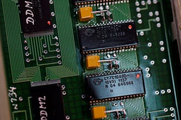 A detail photo shows Cypress Semiconductor chips in the on-board computer of a Russian 9M727 missile that was collected on the battlefield by Ukraine's military and presented to Reuters by a senior Ukrainian security official, in Kyiv, Ukraine, July 19, 2022. (Reuters)