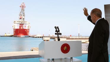 Turkish President Tayyip Erdogan waves during a ceremony to launch Turkey's new drill ship Abdulhamid Han at Tasucu port in the Mediterranean city of Mersin, Turkey, on August 9, 2022. (Reuters)