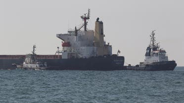 A Liberian-flagged bulk carrier Ocean Lion leaves the sea port in Chornomorsk after restarting grain export, amid Russia’s attack on Ukraine, on August 9, 2022. (Reuters)
