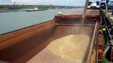 Wheat is loaded aboard a cargo ship in the international port of Rostov-on-Don to be shipped to Turkey, on July 26, 2022. (Stringer/AFP)