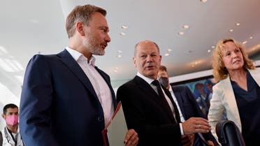 German Finance Minister Christian Lindner, German Chancellor Olaf Scholz and German Minister for the Environment, Nature Conservation, Nuclear Safety and Consumer Protection Steffi Lemke arrive for the weekly cabinet meeting on August 10, 2022 at the Chancellery in Berlin. (AFP)