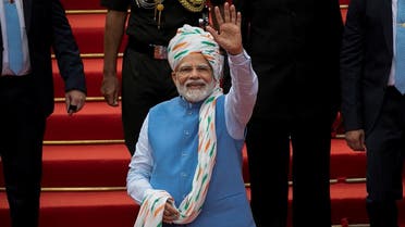 Indian Prime Minister Narendra Modi waves as he leaves after addressing the nation during Independence Day celebrations at the historic Red Fort in Delhi, India, on August 15, 2022. (Reuters)