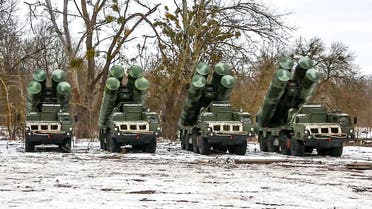 This handout video grab released by the Russian Defence Ministry on February 9, 2022 shows combat crews of the S-400 air defense system taking up combat duty during joint exercises of the armed forces of Russia and Belarus as part of an inspection of the Union State's Response Force, at a firing range in Brest region of Belarus. (AFP)