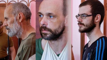 Combination of photos show British nationals John Harding (left), Andrew Hill (center), and Dylan Healy (right) who were captured by pro-Russian forces while allegedly fighting for Ukrainian troops during Ukraine-Russia conflict, stand inside a defendants' cage during a court hearing in Donetsk, Ukraine August 15, 2022. (Reuters)