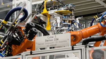 Machines are seen on a battery tray assembly line during a tour at the opening of a Mercedes-Benz electric vehicle Battery Factory, marking one of only seven locations producing batteries for their fully electric Mercedes-EQ models, in Woodstock, Alabama, US, on March 15, 2022. (Reuters)