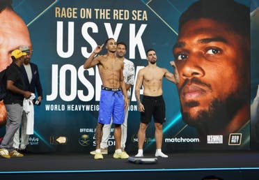 Benjamin Whittaker (left) and Petar Nosic (right) pose at Jeddah's King Abdullah Sports City on August 19, 2022, ahead of their match on August 20.