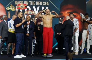 Heavyweight champion Oleksandr Usyk weighs in at a public event in Jeddah, Saudi Arabia on August 19, 2022, ahead of his title defense against Anthony Joshua on August 20. 