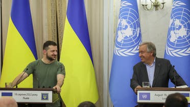 Ukrainian President Volodymyr Zelenskiy and UN Secretary-General Antonio Guterres attend a joint news conference following their meeting in Lviv, Ukraine August 18, 2022. (Reuters)