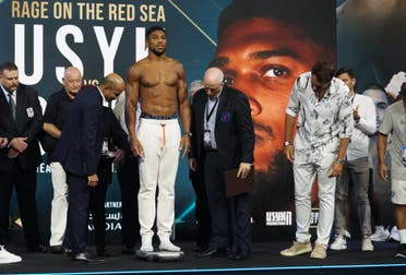 Heavyweight contender Anthony Joshua weighs in at Jeddah's King Abdullah Sports City on August 19, 2022, ahead of his match against Oleksandr Usyk on August 20. 