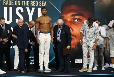 Heavyweight contender Anthony Joshua weighs in at Jeddah's King Abdullah Sports City on August 19, 2022, ahead of his match against Oleksandr Usyk on August 20.