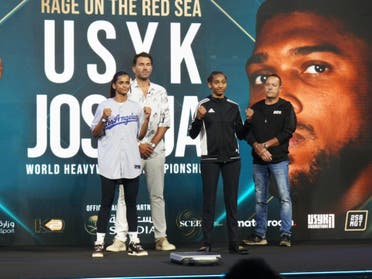 Ramla Ali (left) and Crystal Garcia Nova (right) pose at Jeddah's King Abdullah Sports City on August 19, 2022, ahead of their match on August 20.