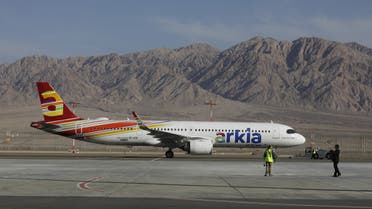 In this file photo taken on January 21, 2019, a passenger plane prepares to take off at the international Ramon Airport, located some 18 kilometers north of the southern Israeli Red Sea resort city of Eilat. (AFP)