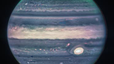 Webb NIRCam composite image of Jupiter from three filters – F360M (red), F212N (yellow-green), and F150W2 (cyan) – and alignment due to the planet’s rotation. (Credit: NASA, ESA, CSA)