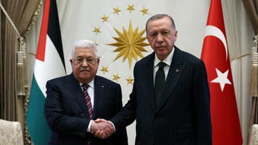 Turkish President Recep Tayyip Erdogan meets with Palestinian President Mahmoud Abbas in Ankara, Turkey, August 23, 2022. (Reuters)