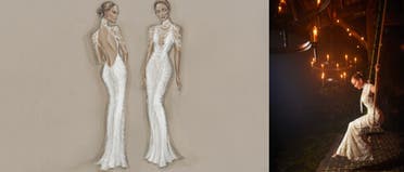 Sketches of one of Jennifer Lopez's Ralph Lauren wedding dresses (left) and Lopez wearing it (right). (Supplied)
