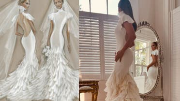 Sketches of one of Jennifer Lopez's Ralph Lauren wedding dresses (left) and Lopez wearing it (right). (Supplied)