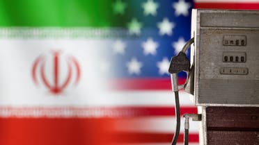 Model of petrol pump is seen in front of U.S. and Iran flag colors in this illustration taken March 25, 2022. (Reuters)