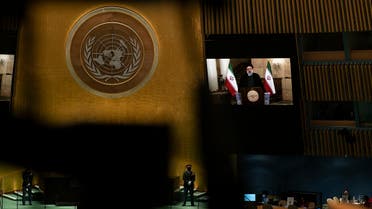 Iran’s President’s Ebrahim Raisi remotely addresses the 76th Session of the UN General Assembly on September 21, 2021 at UN. (AFP)