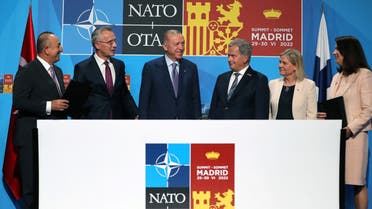 This handoput photograph taken and released on June 28, 2022 in Madrid by Turkish Presidential press office, shows (From L) Turkish foreign minister Mevlut Cavusoglu, NATO Secretary-General Jens Stoltenberg , Turkey's President Recep Tayyip Erdogan, Finland's President Sauli Niinisto, Sweden's Prime Minister Magdalena Andersson and Swedish Foreign Minister Ann Linde posing for pictures after signing a memorandum during a NATO summit in Madrid. (AFP)