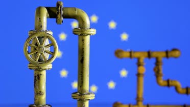 Model of natural gas pipeline and EU flag, July 18, 2022. (Reuters)
