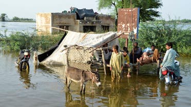 People are seen outside their flooded house, following rains and floods during the monsoon season in Sohbatpur, Pakistan August 28, 2022. (Reuters)